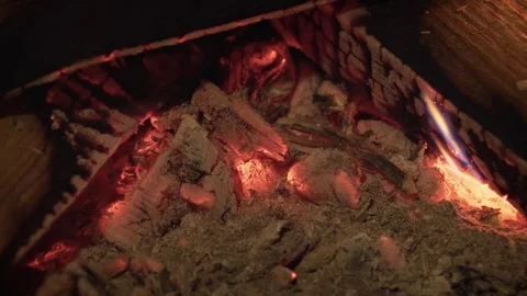 Glowing Embers at Base of Fire in Fireplace with Sound Stock Footage 97363807