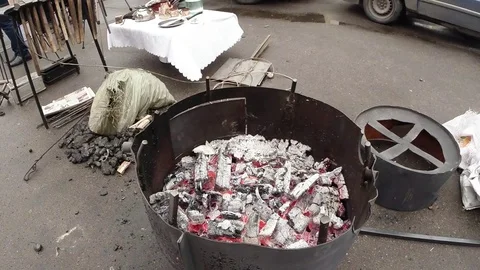 Glowing Embers in an Iron Cauldron Stock Footage 74793536