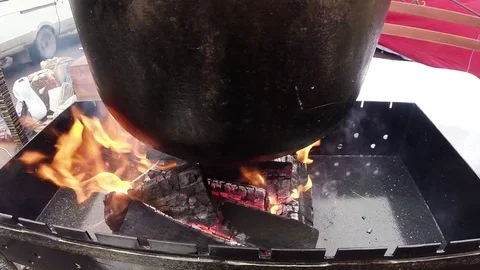 Glowing Embers Warming Iron Cauldron Over Them Stock Footage 74793248