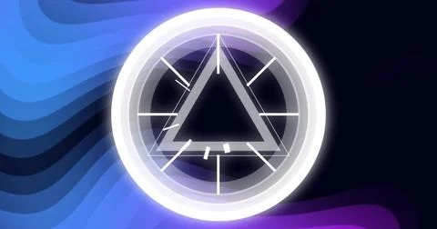 Glowing emblem showing outer ring, rings, outlined triangle and radial marks Stock Illustration
