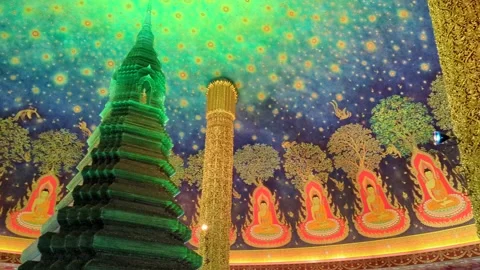 Glowing emerald green dome-shaped ceiling at Wat Paknam Phasi Charoen Bangkok Stock Footage 314321910