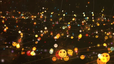 Glowing Emoji Network of Smiley Faces and Digital Connections, Social Media Stock Footage 332897687