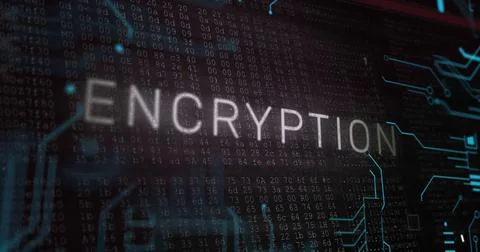 Glowing ENCRYPTION text overlaying hex columns and teal circuit traces in dark Stock Photos