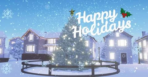Glowing evergreen tree standing in town square, with warm lights, gold star, Stock Illustration