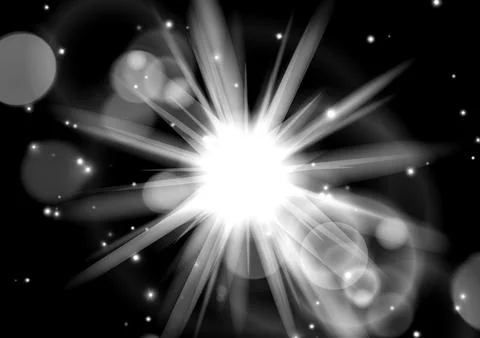 Glowing explosion of light on black background with stars Stock Illustration