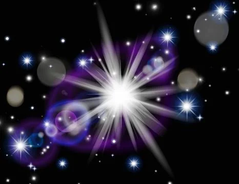 Glowing explosion of light, black space background with stars Illustrazione stock