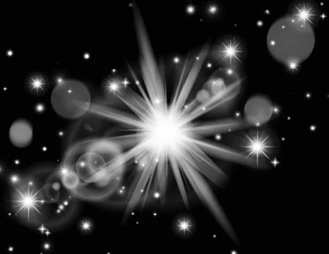 Glowing explosion of light, black space background with stars Stock Illustration