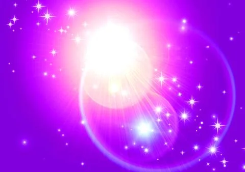 Glowing explosion of light, purple background with stars Stock Illustration