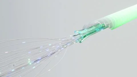Glowing fiber optic cable transmits data in pulses of light, symbolizing digital Stock Illustration