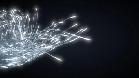 Glowing fiber optic strings in dark. 3d illustration Illustrazione stock