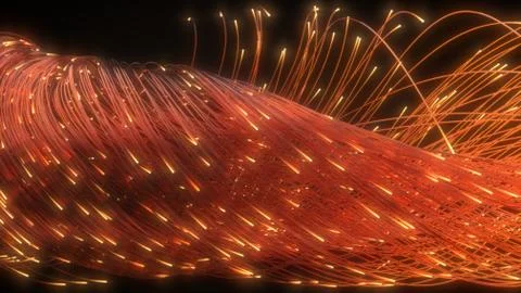 Glowing fiber optic strings in dark. 3d illustration Illustrazione stock