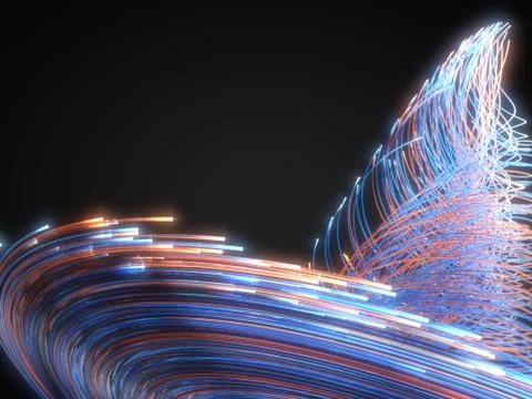Glowing fiber optic strings in dark. 3d illustration Stock Illustration