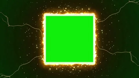 Glowing fiery golden square frame with dynamic lightning and green screen Stock Footage 346117227