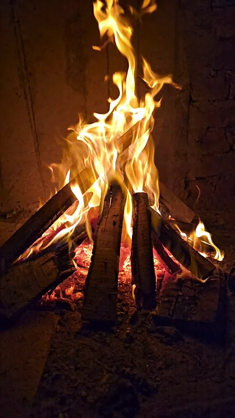 A Glowing Fire In The Stone Fireplace Warm Cozy Fireplace Video Stock Footage 278079693