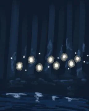 Glowing Fireflies Floating Through Dark Forest Illustration Stock Illustration