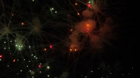 Glowing firework patterns performance in dark night sky on holiday event Video stock 263821825