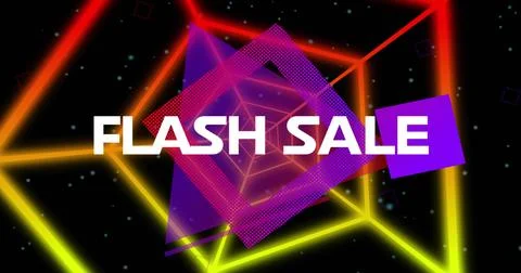 Glowing FLASH SALE text resting over magenta square in digital ad, showing neon Stock Illustration