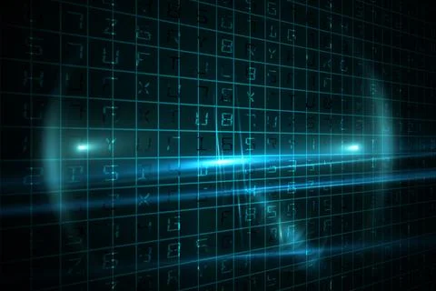 Glowing flat design digital matrix grid featuring alphanumeric symbols streaming Stock Photos