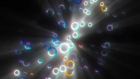 Glowing floating bubbles and bright light rays in darkness Illustrazione stock