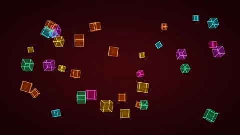Glowing Floating Crystal Cubes Rotating in Deep Dark Void Stockbeeldmateriaal 341728432