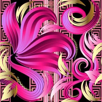 Glowing floral 3d vector seamless pattern. Ilustración de archivo