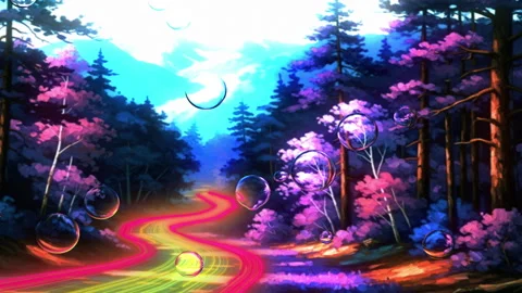 Glowing Flow Lines &amp; Raindrops Magical Neon Forest Road in Cartoon Style Video stock 331087771