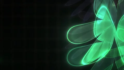 Glowing flower shapes in different colors on black background with grid. Video stock 337463691