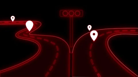 Glowing forked highway with location pins animation Stock Footage 334764469