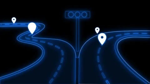 Glowing forked highway with location pins animation Stock Footage 334764474