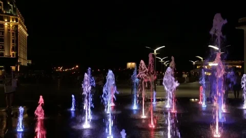 Glowing fountain in the square Stock Footage 84587170