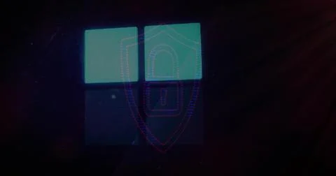 Glowing four-panel emblem displaying dotted neon shield and padlock on monitor, Stock Illustration