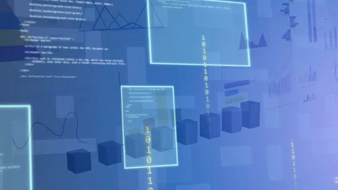 Glowing frame appearing 3D bars holding neon frames drifting binary columns Stock Footage 335739681