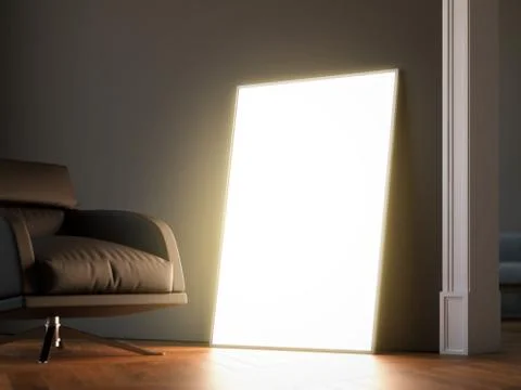 Glowing frame in the dark interior. 3d rendering 库存插图