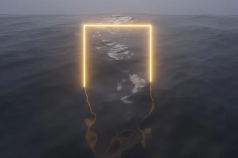 Glowing frame floating on the lake in the evening, 3d rendering. Stock Photos
