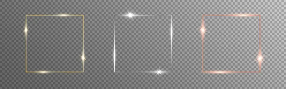 Glowing frames. Gold, silver and bronze squares on transparent backdrop. Luxury Illustrazione stock