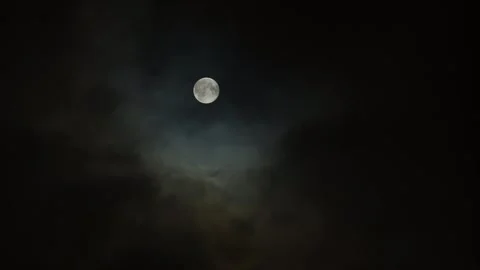 Glowing Full Moon Behind Clouds in Night Sky Stock Footage 308865727