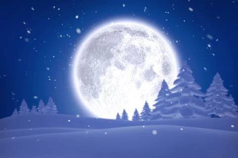 Glowing full moon is rising over snowy pine slopes while snowflakes are falling Ilustração Stock