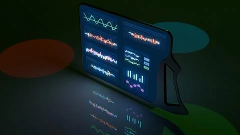 Glowing futuristic tablet render with analytical dashboard Illustrazione stock