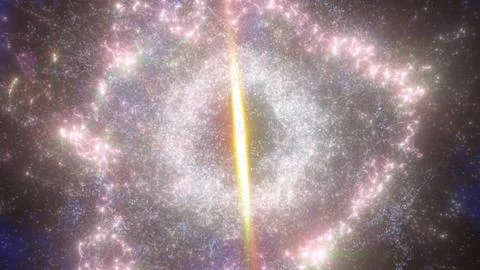 Glowing galactic explosion with a bright central light and pink-white clouds Illustrazione stock