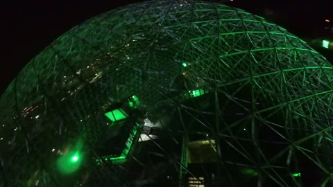 Glowing Geodesic Dome Of The Biosphere, Environment Museum In Montreal, Stock Footage 289045511