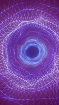 Glowing geometric neon grid forming a spiraling tunnel with bright blue and p Illustrazione stock