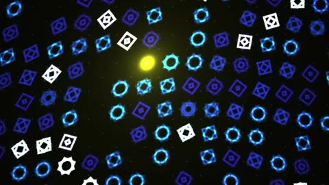 Glowing geometric patterns on black background with blue, white and purple .. Vidéo 335970032