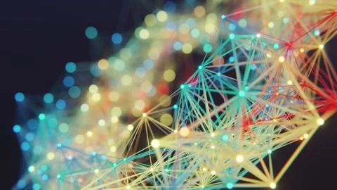 Glowing Geometric Plexus Network of Connected Lines and Floating Data Nodes Stockbeeldmateriaal 331110181