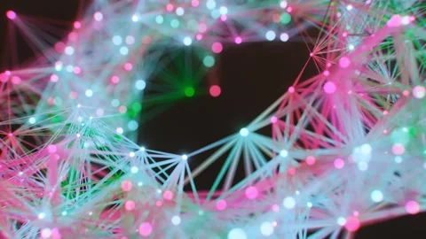 Glowing Geometric Plexus Network with Floating Neon Particles in Motion 库存影片 331110319