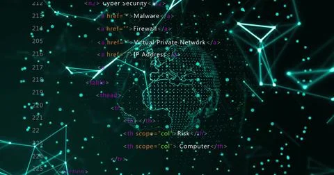 Glowing geometric shapes and coding image over rotating globe Stock Photos