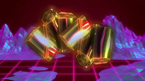 Glowing geometric shapes animation over neon grid and wireframe mountains Stock Footage 330344754