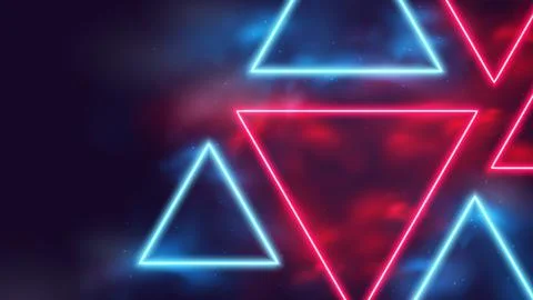 Glowing geometric shapes, triangular red and blue neon rays in smoke, cyber b Illustrazione stock