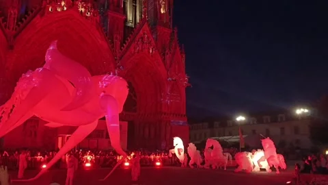 Glowing Giant Inflatable Horses Performance at Fetes Johanniques Night Video stock 336008720
