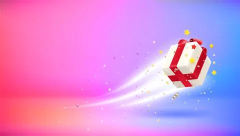 Glowing gift box with confetti. 3d vector banner with copy space Stock Illustration