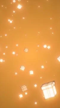 Glowing gift boxes floating in warm orange light, creating a festive and jo.. Stock Illustration